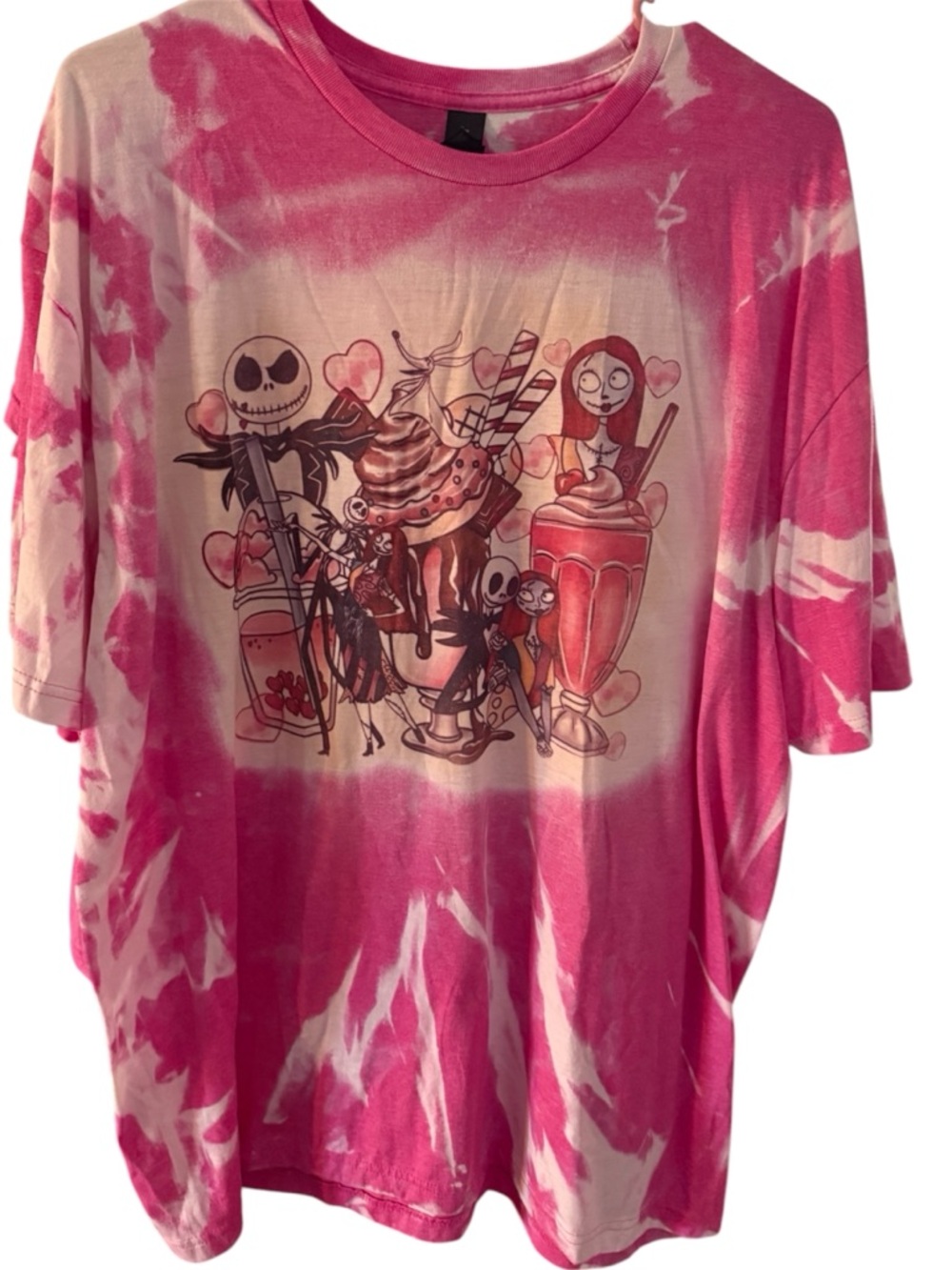 Gildan Pink and White Tie-Dye Graphic Tee horror nightmare before Christmas tee